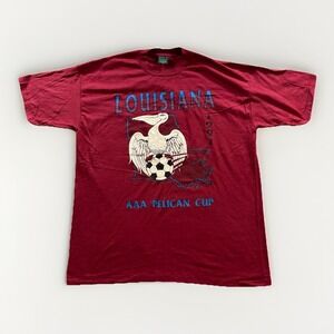 Vintage 90s Soccer Graphic T-shirt Mens XL Red Single Stitch 1991 Louisiana